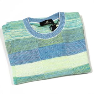 Montechiaro green and blue blocks summer jumper, luxury Italian knitwear. From Gabucci Bath