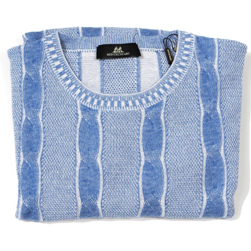 Montechiaro blue striped summer jumper, luxury Italian knitwear.