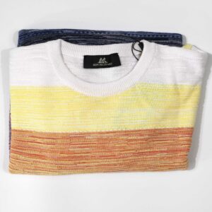 Montechiaro striped summer jumper with white yellow red blue and black, luxury Italian knitwear.