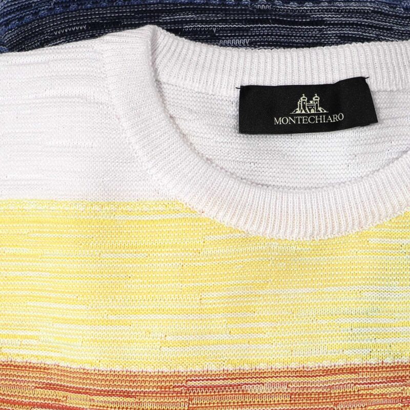 Montechiaro striped summer jumper with white yellow red blue and black, luxury Italian knitwear.