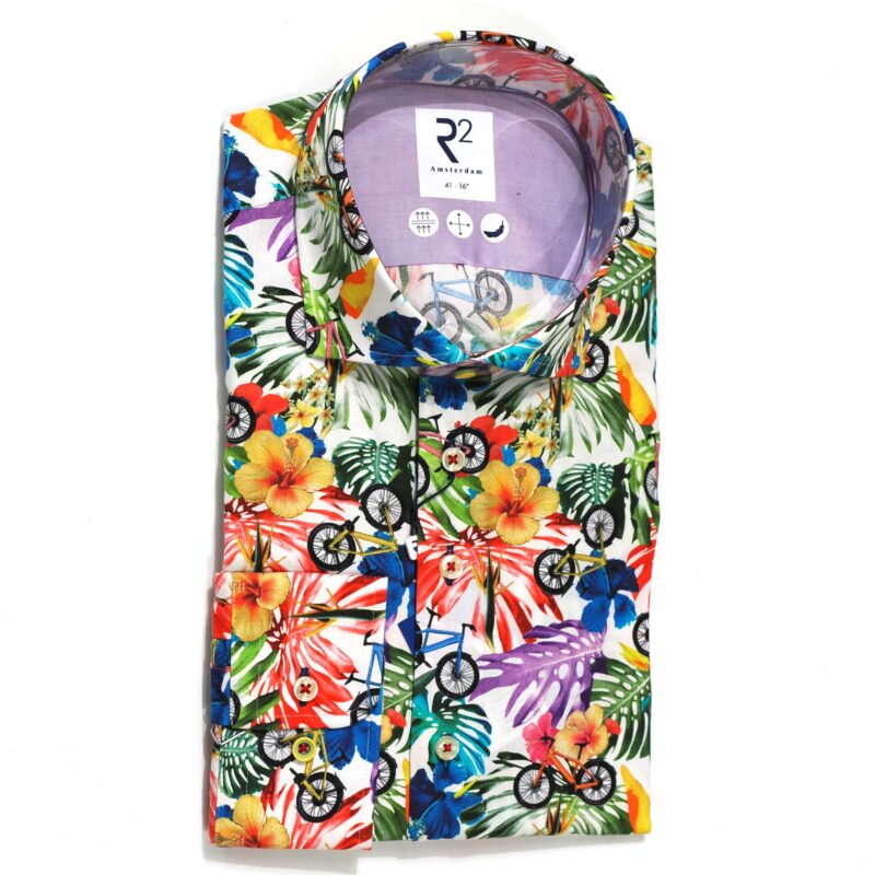 R2 white shirt with large colourful flowers and bicycles and foliage from Gabucci Bath.