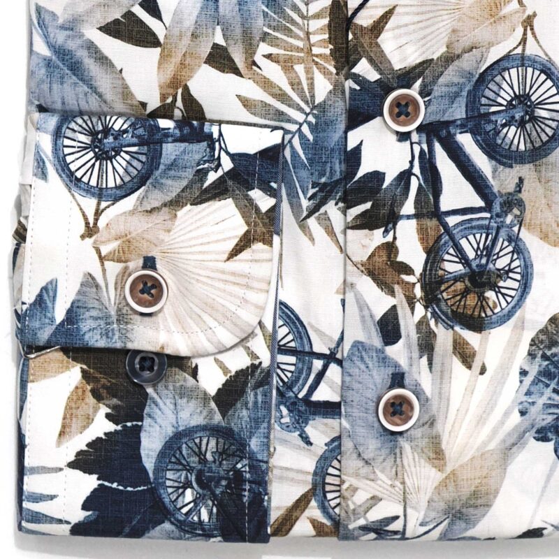 R2 white shirt with large muted flowers and blue bicycles from Gabucci Bath