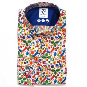 R2 white shirt with wild strawberries and flowers from Gabucci Bath.