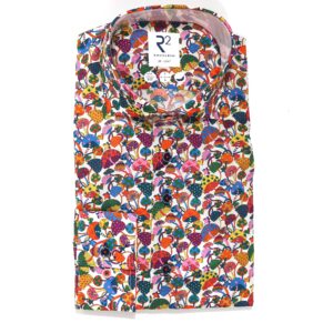 R2 white shirt in Liberty fabric with colourful mushrooms