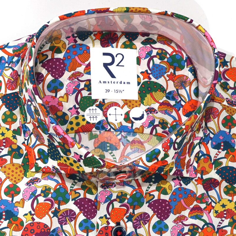 R2 white shirt in Liberty fabric with colourful mushrooms