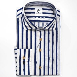 R2 blue stripe on white linen shirt from Gabucci Bath