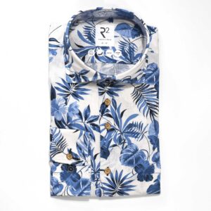 R2 white linen shirt with large blue flowers and foliage from Gabucci Bath.