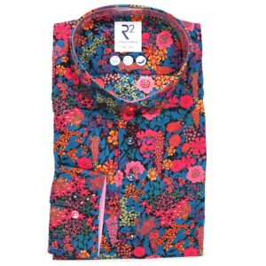 R2 blue shirt in Liberty fabric with pink flowers on blue foliage from Gabucci Bath