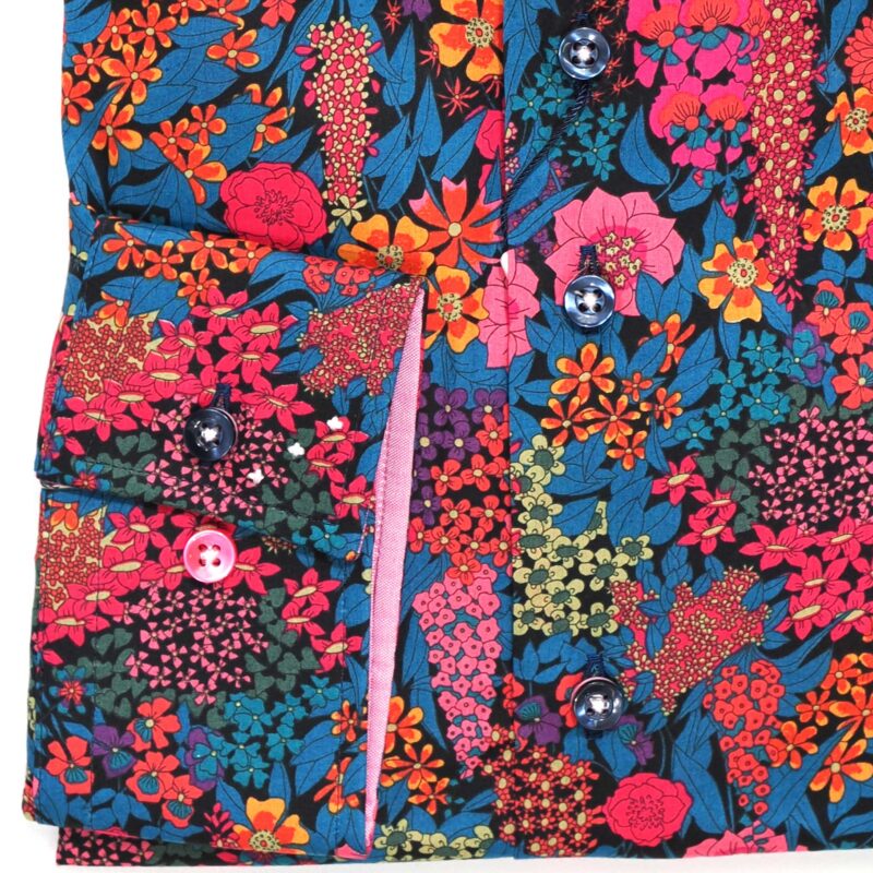 R2 blue shirt in Liberty fabric with pink flowers on blue foliage from Gabucci Bath