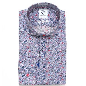 R2 shirt with small blue red and lilac flowers from Gabucci Bath.