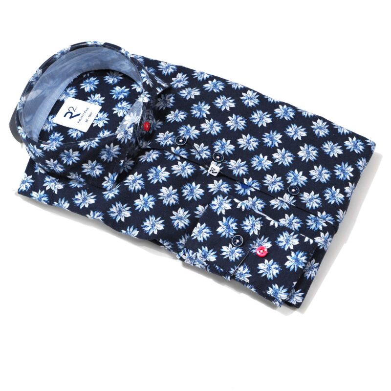 R2 shirt with small blue and white flowers on midnight blue from Gabucci Bath