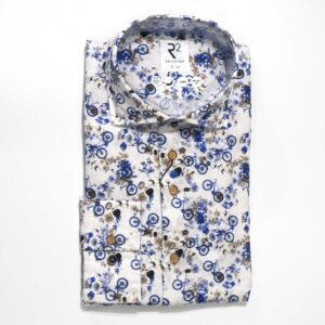 R2 white shirt with small blue flowers and bicycles from Gabucci Bath