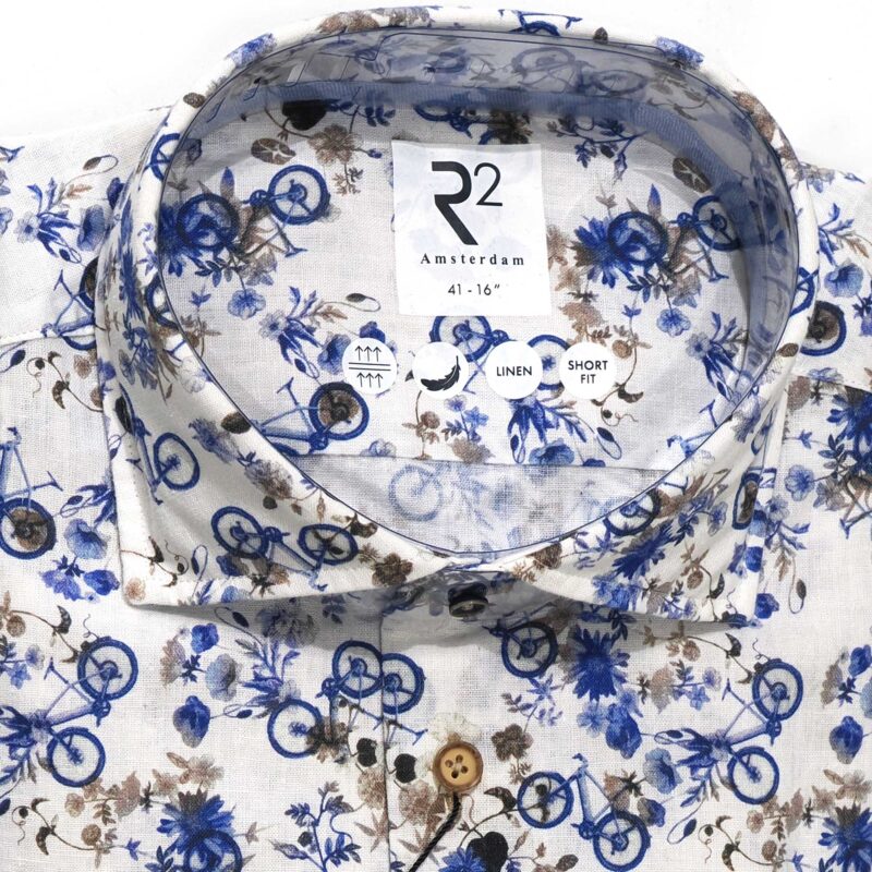 R2 white shirt with small blue flowers and bicycles from Gabucci Bath