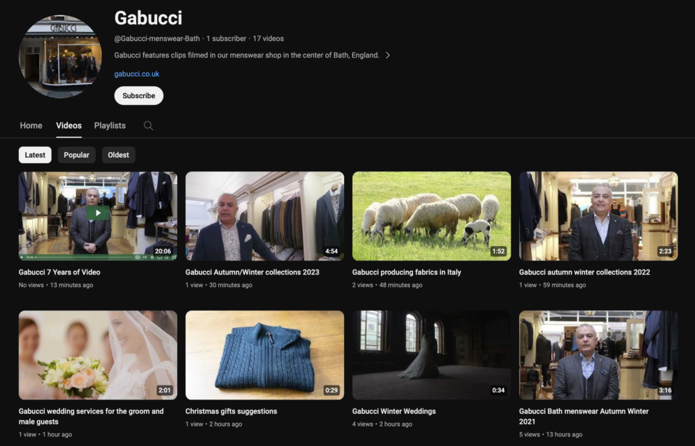 Gabucci YouTube channel to show video clips about Gabucci Menswear Bath and the services we offer and clothes we produce and sell