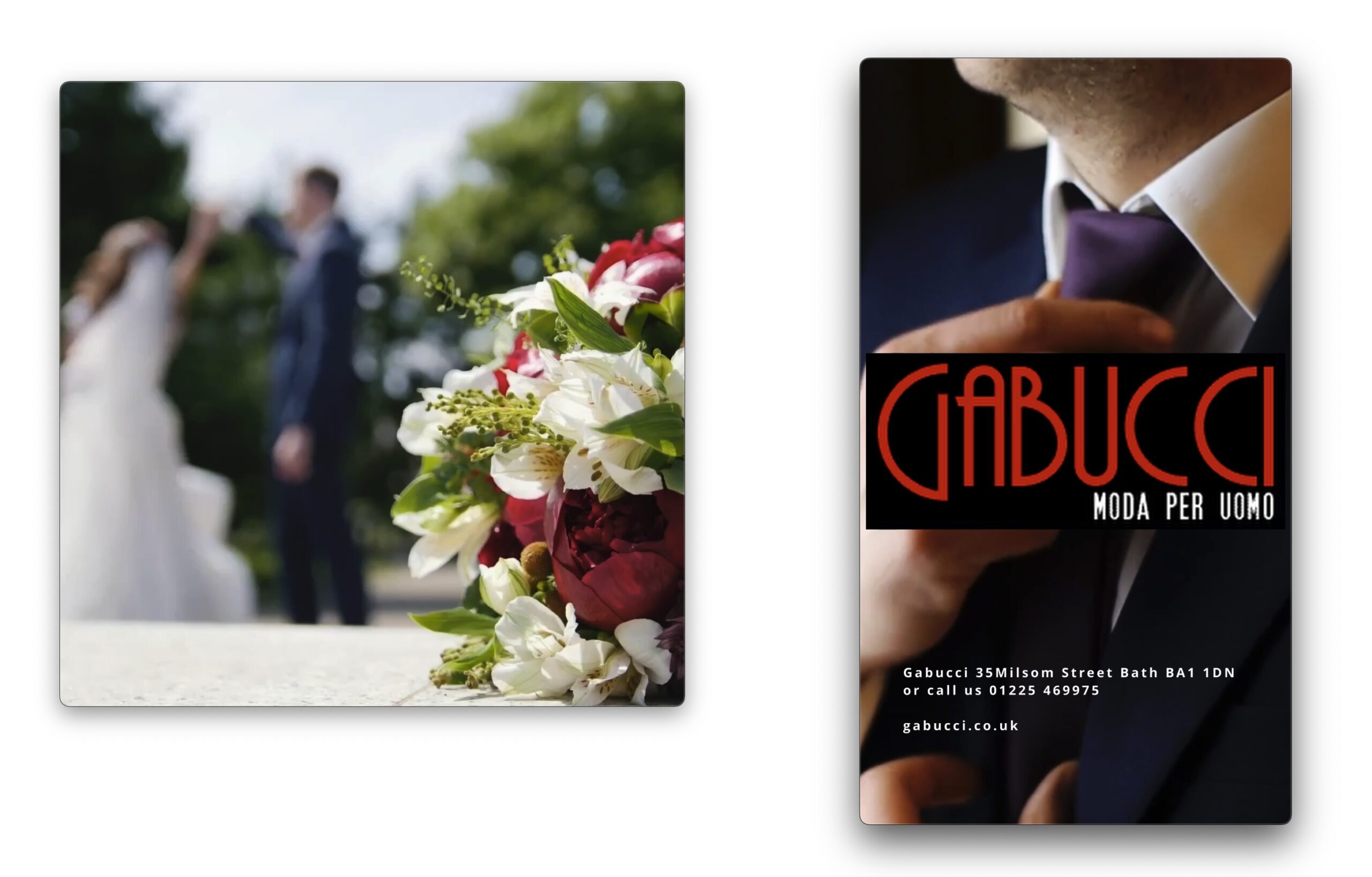 Gabucci social media screenshots showing latest two wedding attire Instagram and YouTube clips