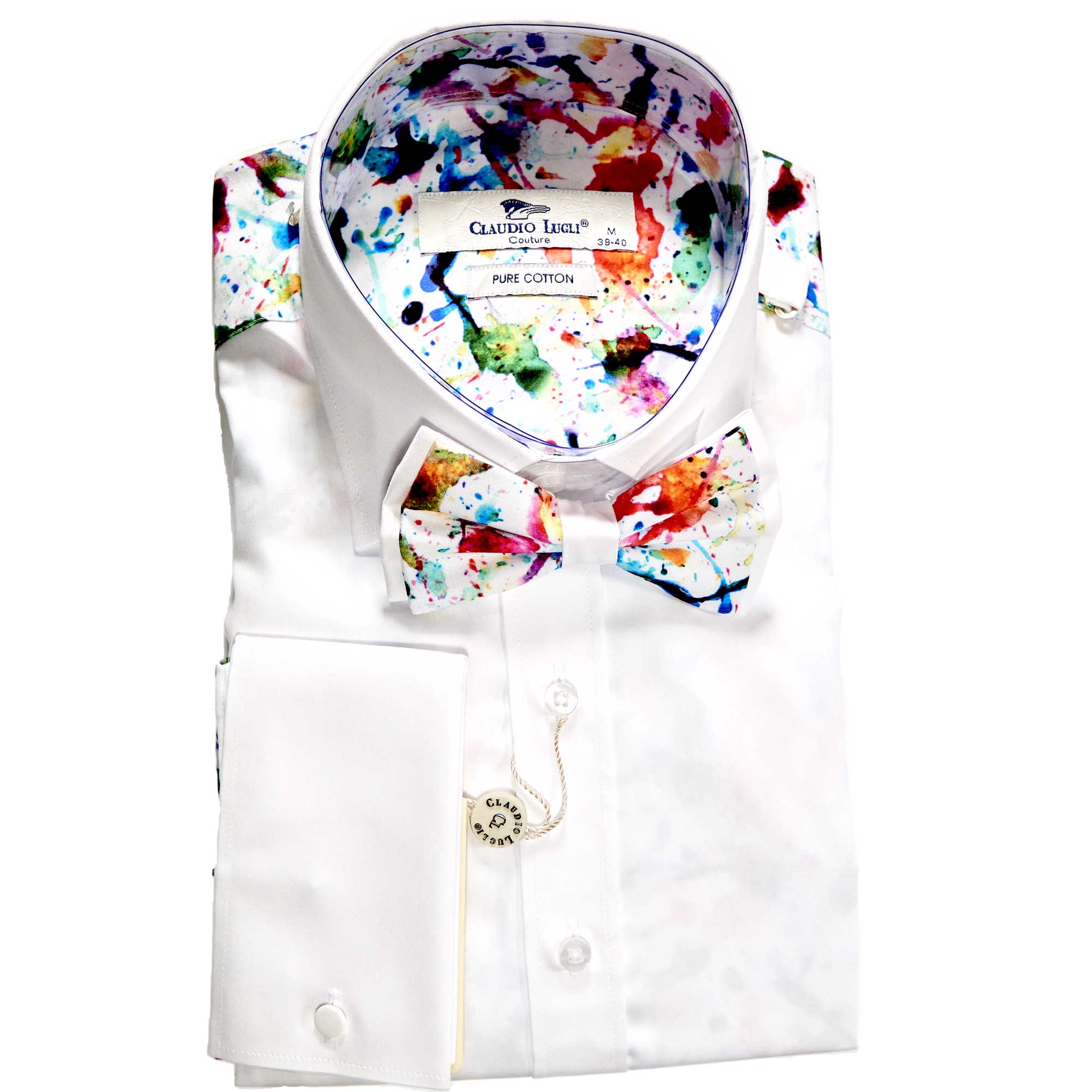 Claudio Lugli White Shirt with colourful paint splurges and matching bow tie