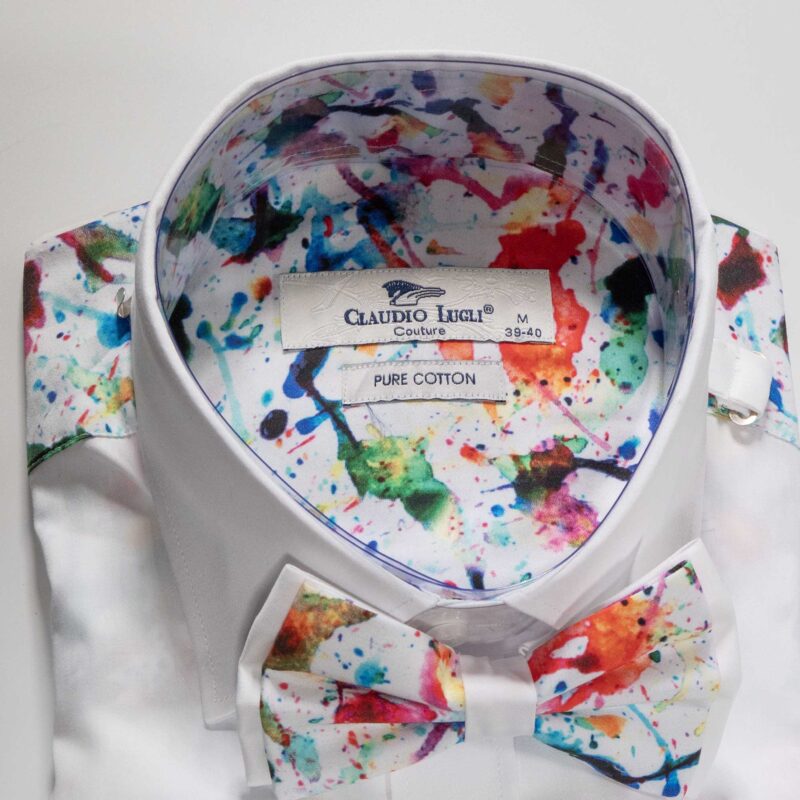 Claudio Lugli White Shirt with colourful paint splurges and matching bow tie