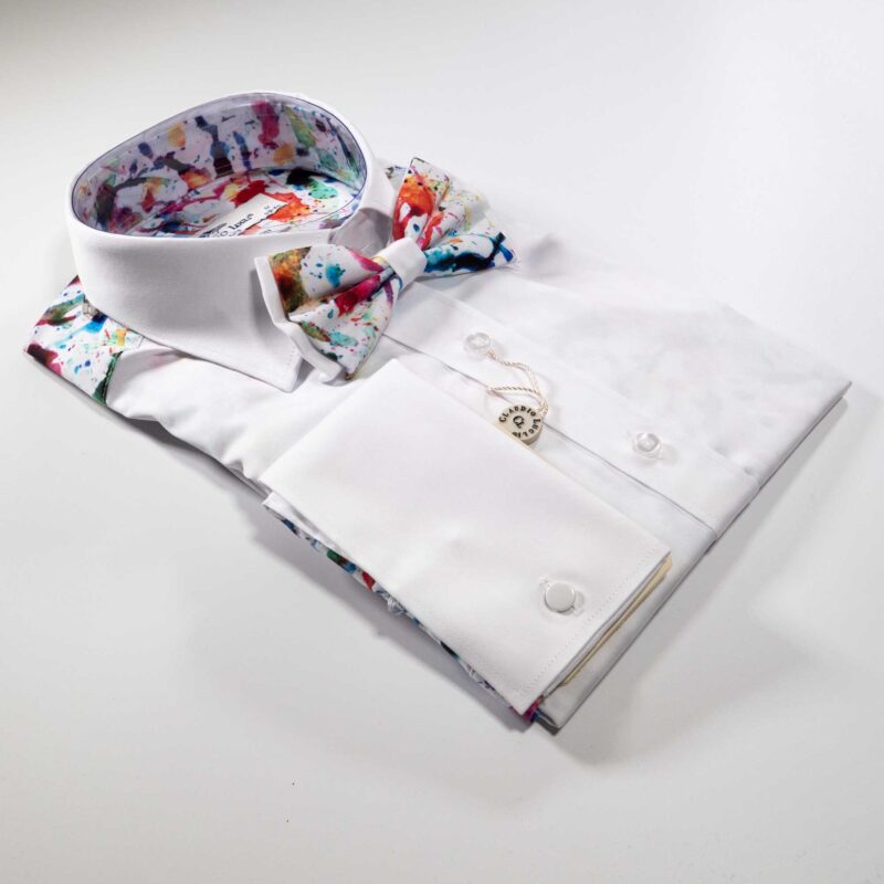 Claudio Lugli White Shirt with colourful paint splurges and matching bow tie