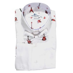 Claudio Lugli White Shirt with red Union Jack guitars and matching bow tie