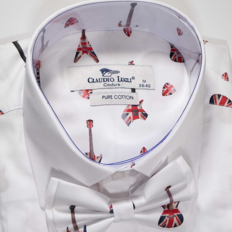 Claudio Lugli White Shirt with red Union Jack guitars and matching bow tie