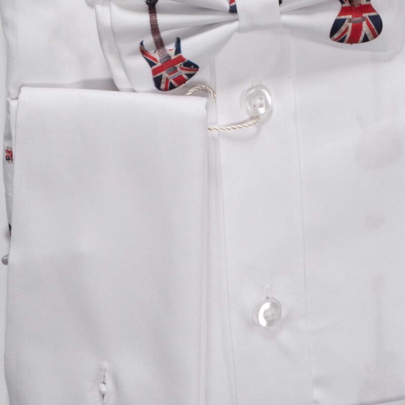 Claudio Lugli White Shirt with red Union Jack guitars and matching bow tie