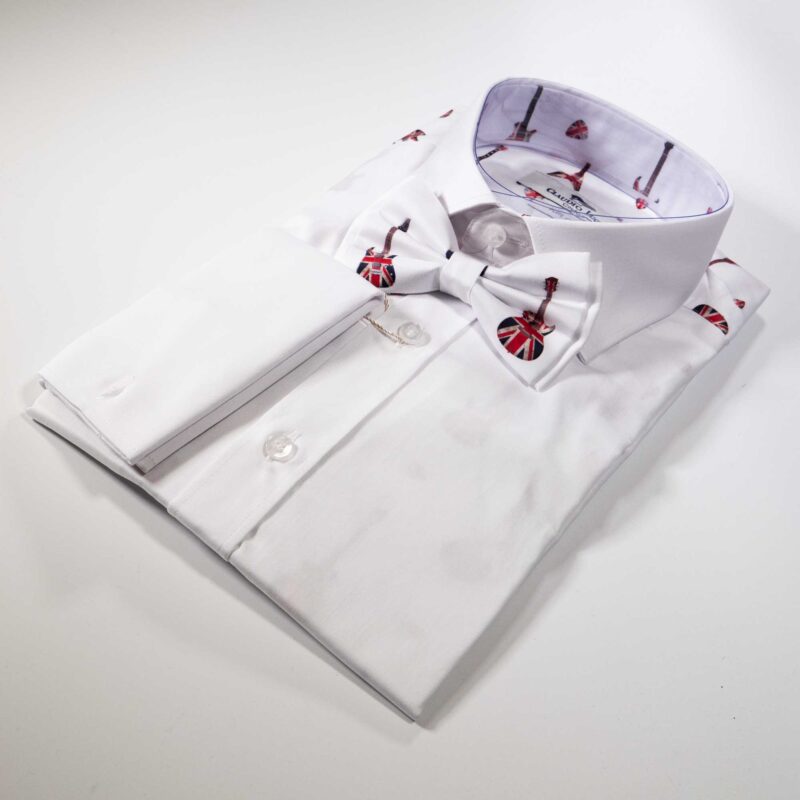 Claudio Lugli White Shirt with red Union Jack guitars and matching bow tie