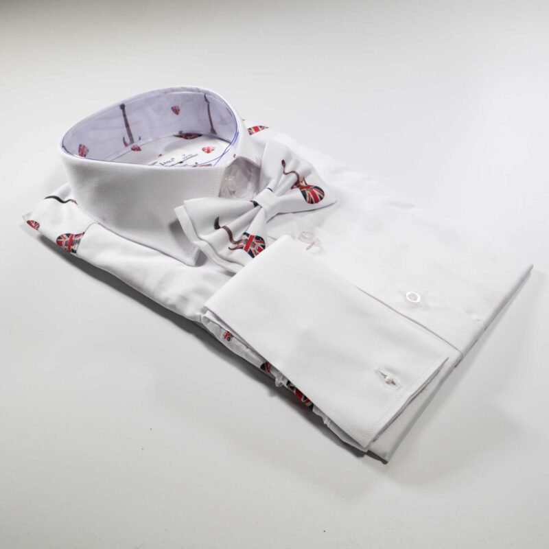 Claudio Lugli White Shirt with red Union Jack guitars and matching bow tie