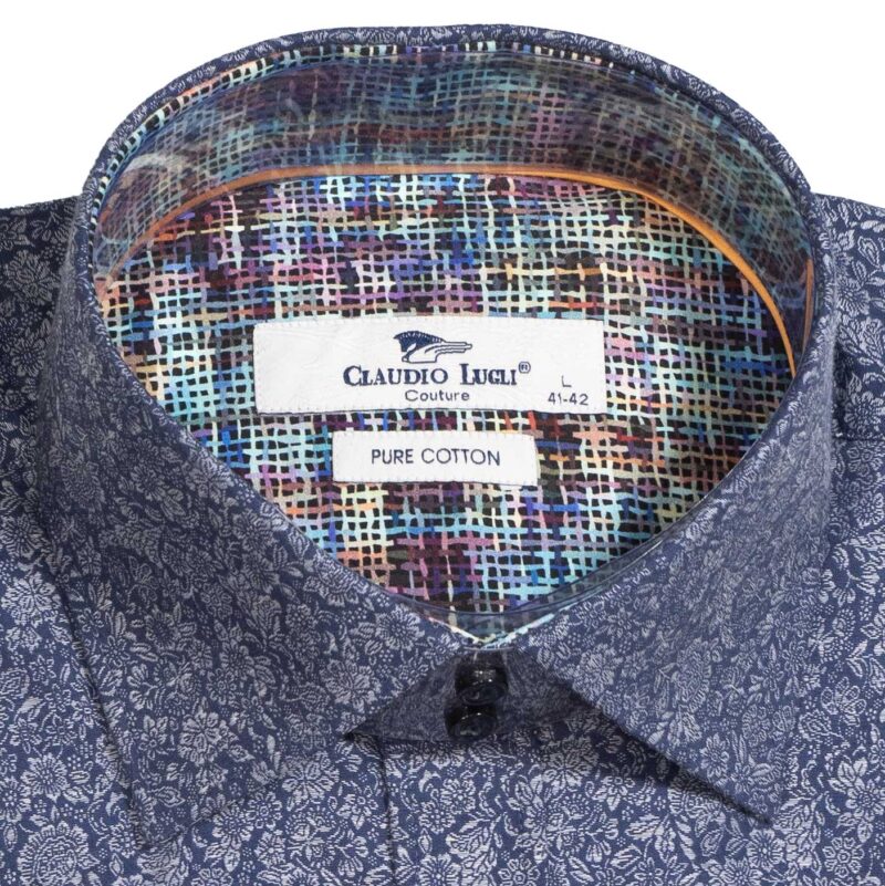 Claudio Lugli shirt in blue with white flowers and patterned lining from Gabucci Menswear in Bath