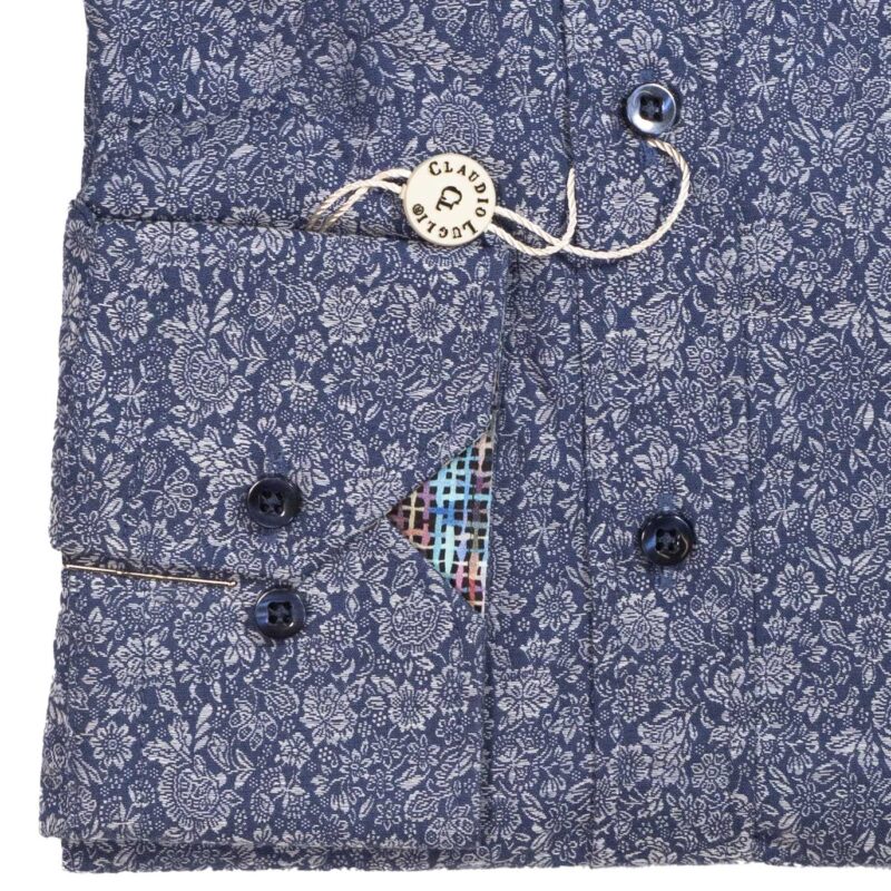 Claudio Lugli shirt in blue with white flowers and patterned lining from Gabucci Menswear in Bath