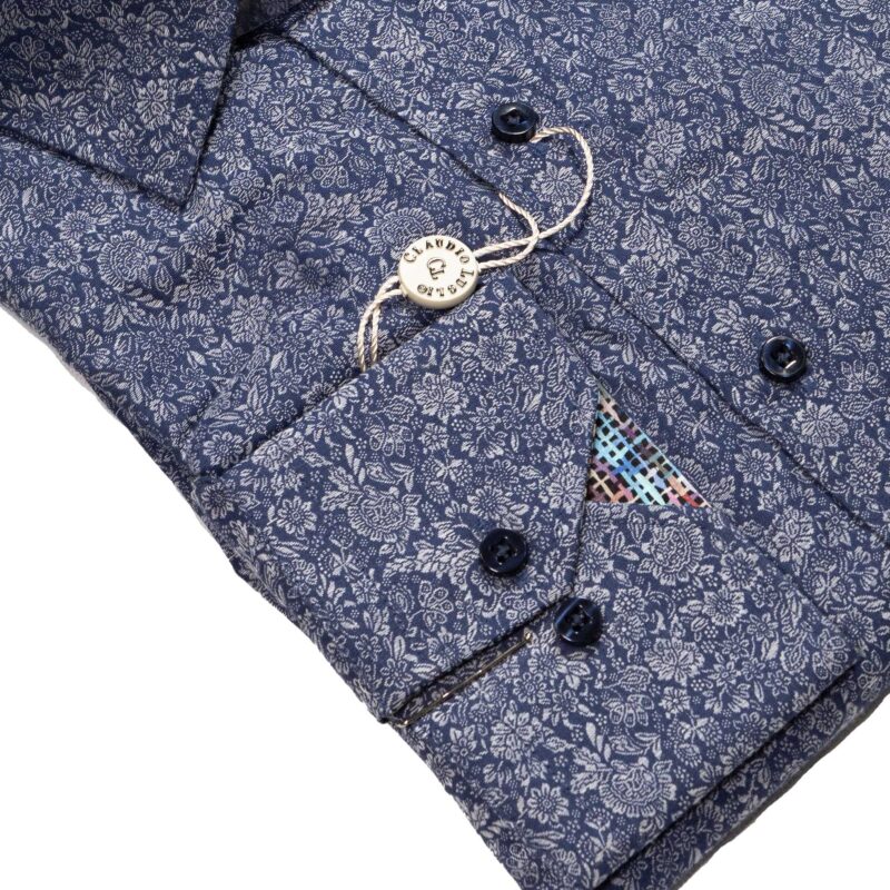 Claudio Lugli shirt in blue with white flowers and patterned lining from Gabucci Menswear in Bath