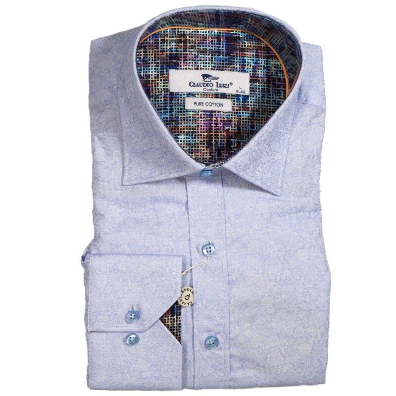 Claudio Lugli shirt in pale blue with white flowers and patterned lining from Gabucci Menswear in Bath