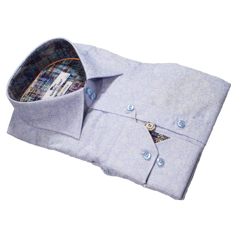 Claudio Lugli shirt in pale blue with white flowers and patterned lining from Gabucci Menswear in Bath