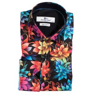 Claudio Lugli Black Shirt with large bright colourful flowers from Gabucci Bath