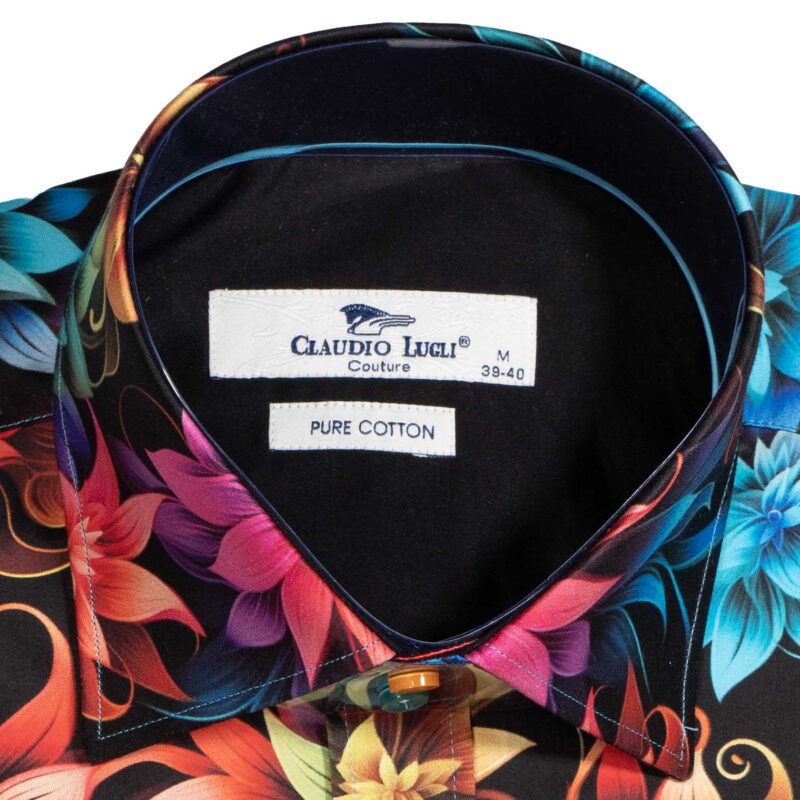 Claudio Lugli Black Shirt with large bright colourful flowers from Gabucci Bath