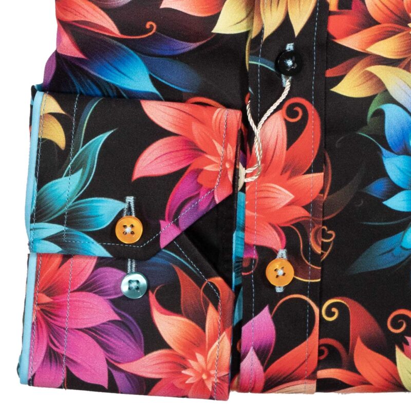 Claudio Lugli Black Shirt with large bright colourful flowers from Gabucci Bath