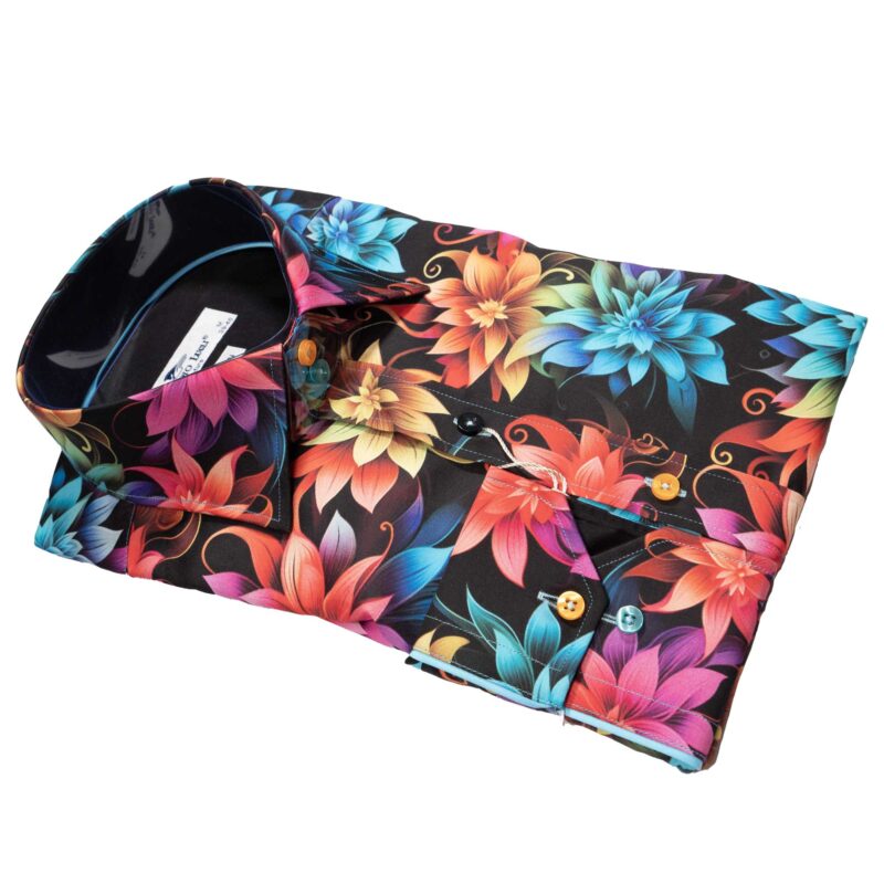 Claudio Lugli Black Shirt with large bright colourful flowers from Gabucci Bath