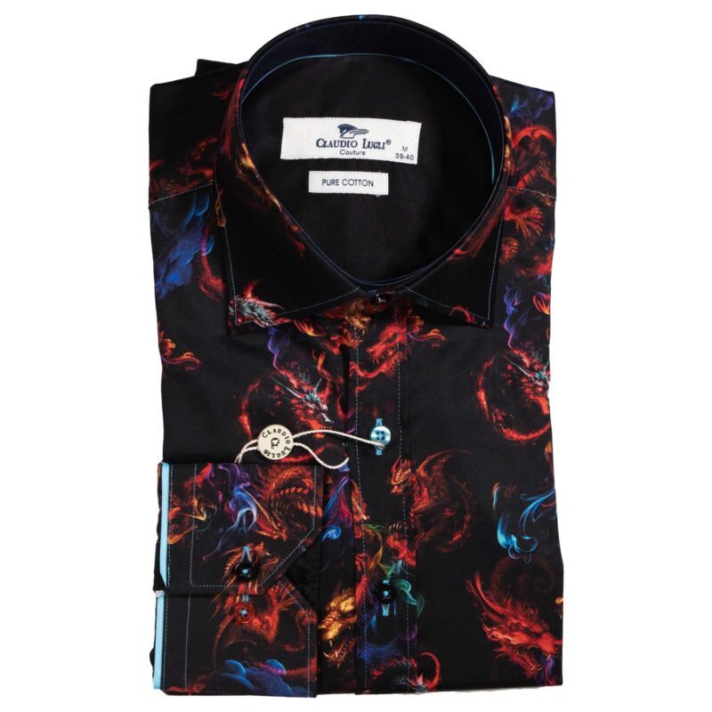 Claudio Lugli Black Shirt with large colourful fiery dragons from Gabucci Bath