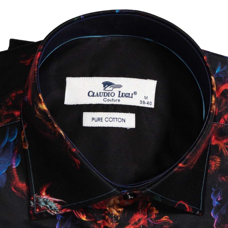 Claudio Lugli Black Shirt with large colourful fiery dragons from Gabucci Bath