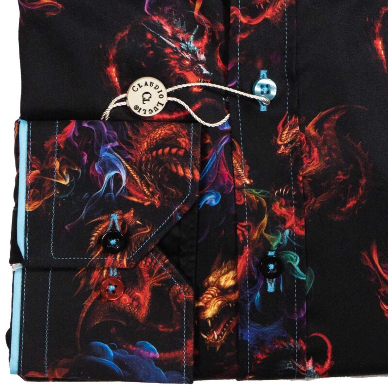 Claudio Lugli Black Shirt with large colourful fiery dragons from Gabucci Bath