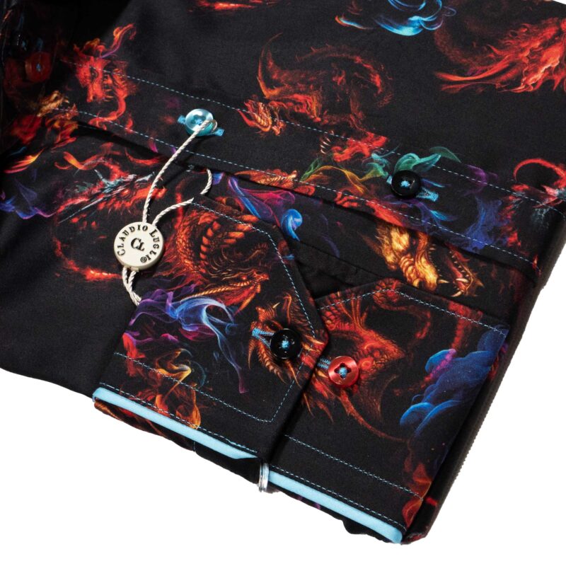 Claudio Lugli Black Shirt with large colourful fiery dragons from Gabucci Bath