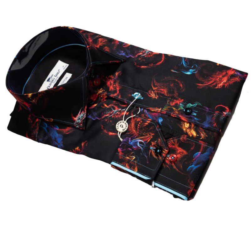 Claudio Lugli Black Shirt with large colourful fiery dragons from Gabucci Bath