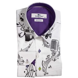 Claudio Lugli White Shirt with large musical instruments and a purple lining from Gabucci Bath