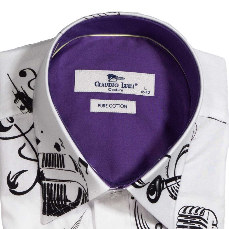 Claudio Lugli White Shirt with large musical instruments and a purple lining from Gabucci Bath