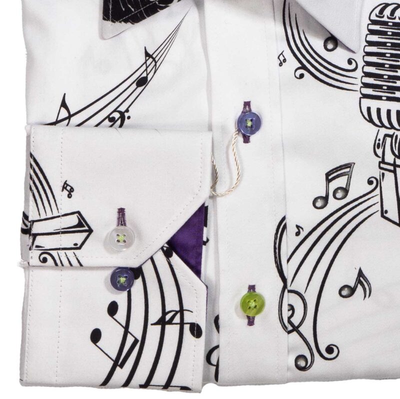 Claudio Lugli White Shirt with large musical instruments and a purple lining from Gabucci Bath