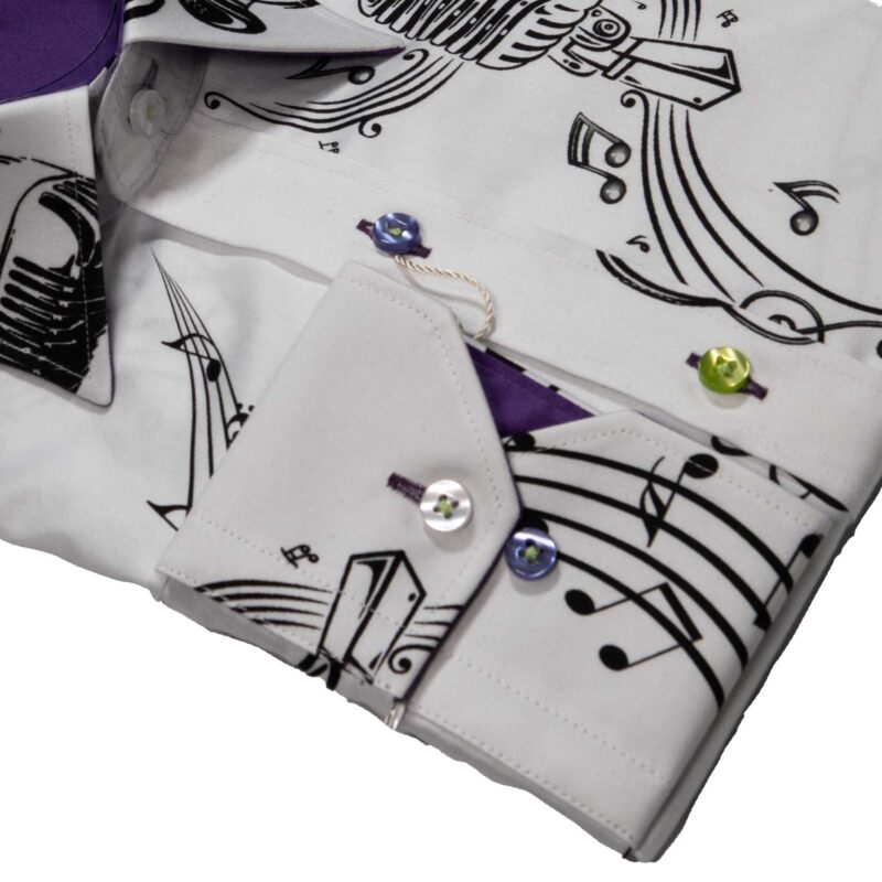 Claudio Lugli White Shirt with large musical instruments and a purple lining from Gabucci Bath