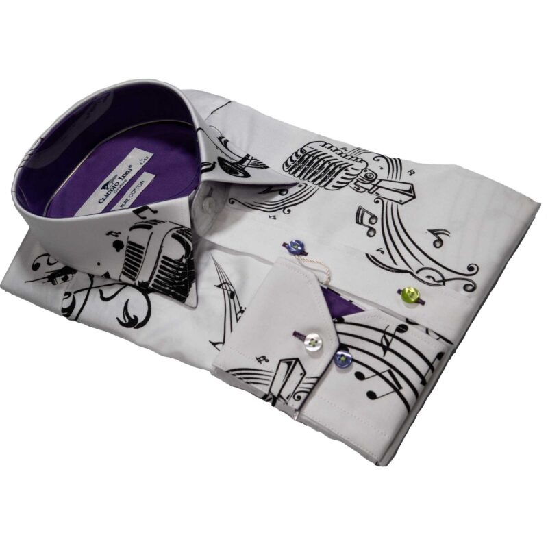 Claudio Lugli White Shirt with large musical instruments and a purple lining from Gabucci Bath