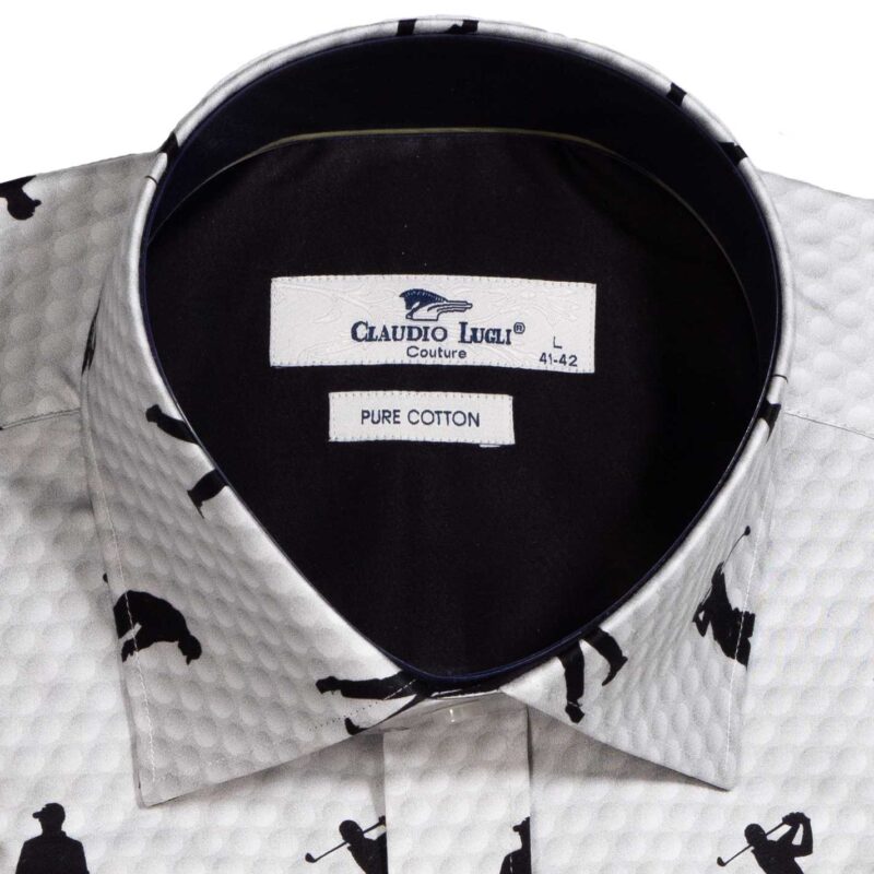 Claudio Lugli White Golf Ball Shirt with golfer silhouettes and a black lining from Gabucci Menswear Bath