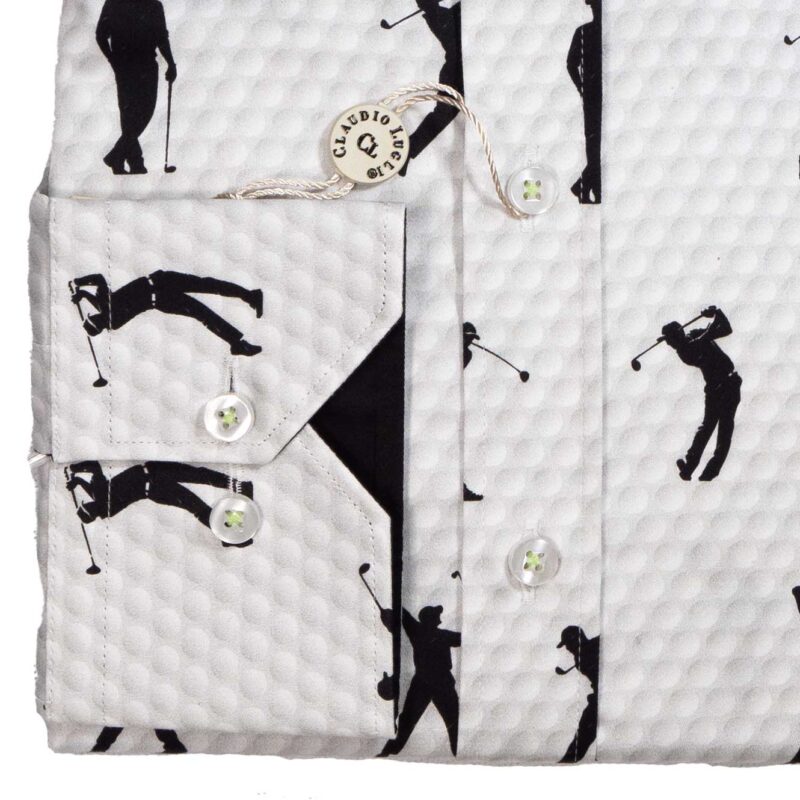 Claudio Lugli White Golf Ball Shirt with golfer silhouettes and a black lining from Gabucci Menswear Bath