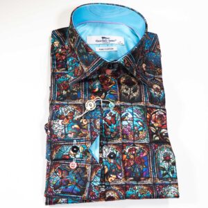 Claudio Lugli Black Shirt with large colourful stained glass pictures of birds and flowers of animals in suits from Gabucci Bath