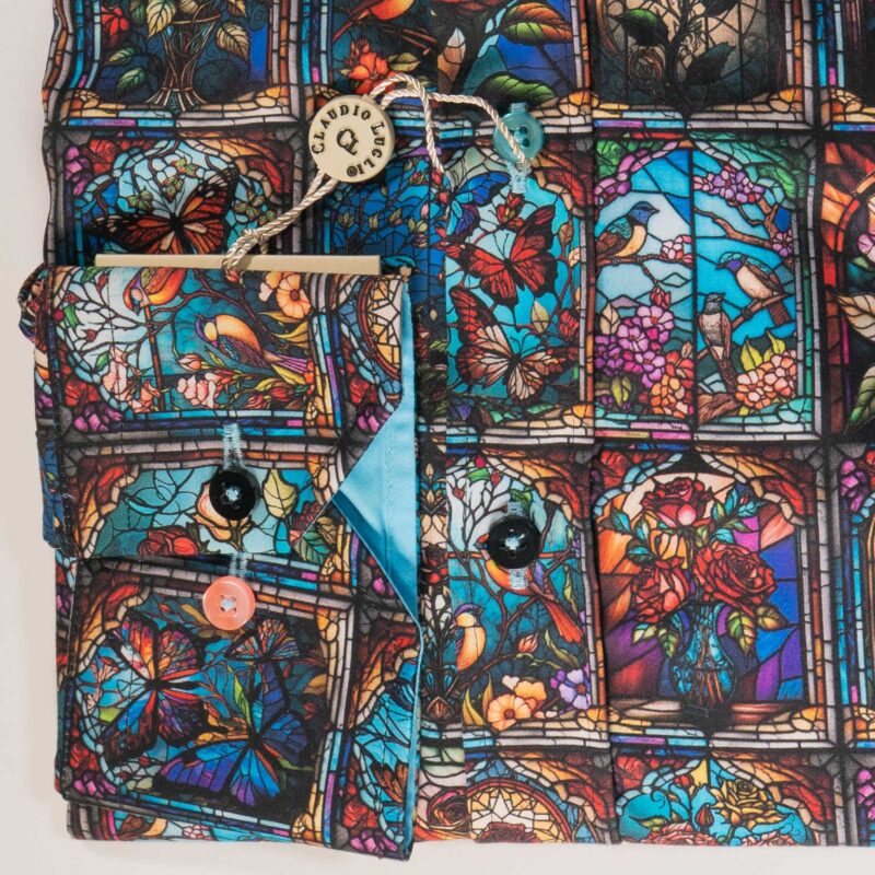 Claudio Lugli Black Shirt with large colourful stained glass pictures of birds and flowers of animals in suits from Gabucci Bath